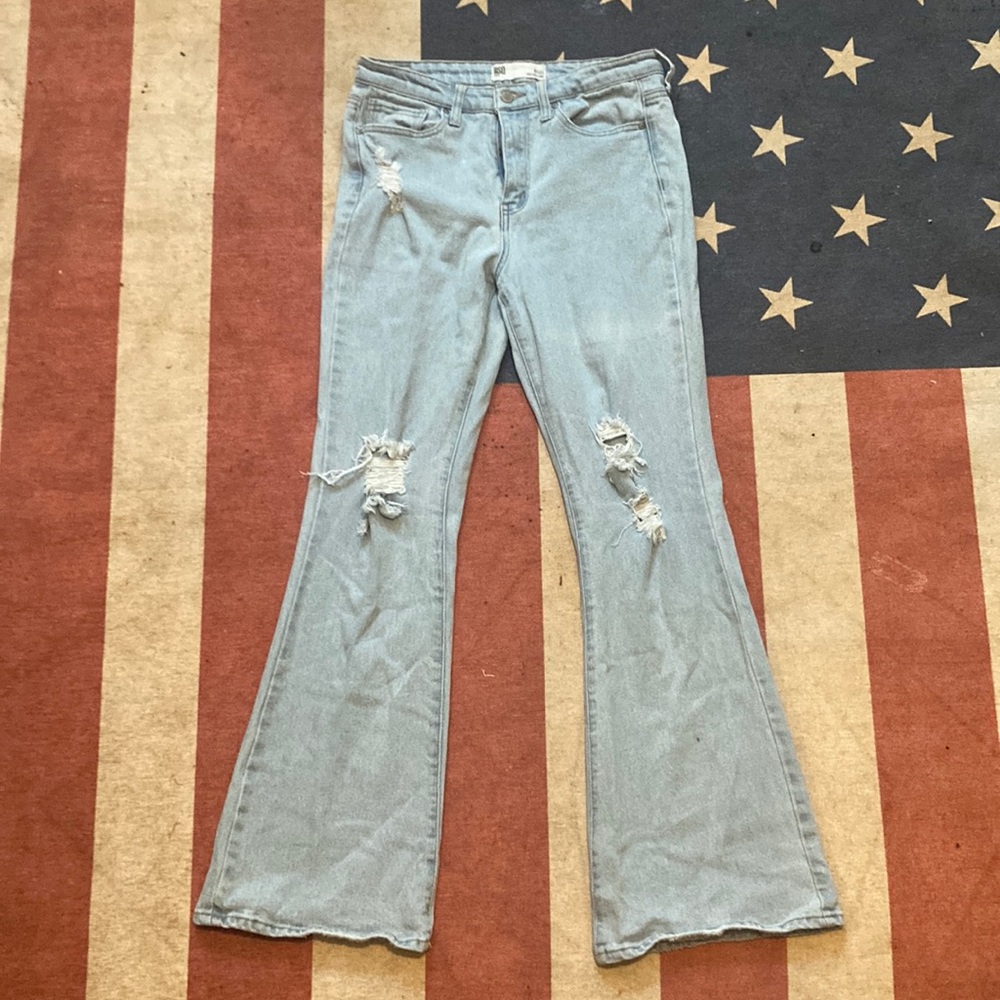 Pre-Distressed, Light-wash, Denim, High-rise Flares